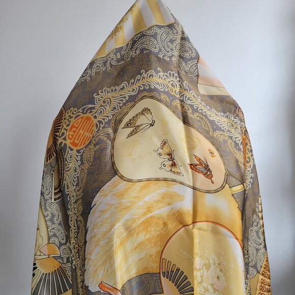 Vintage Huali 100% Silk Asian Fan Design Ladies Scarf - Picture 1 of 15